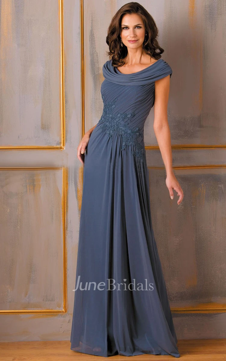 Scoop-neck Cap-sleeve Ruched Mother of the Bride MOB Dress With Appliques