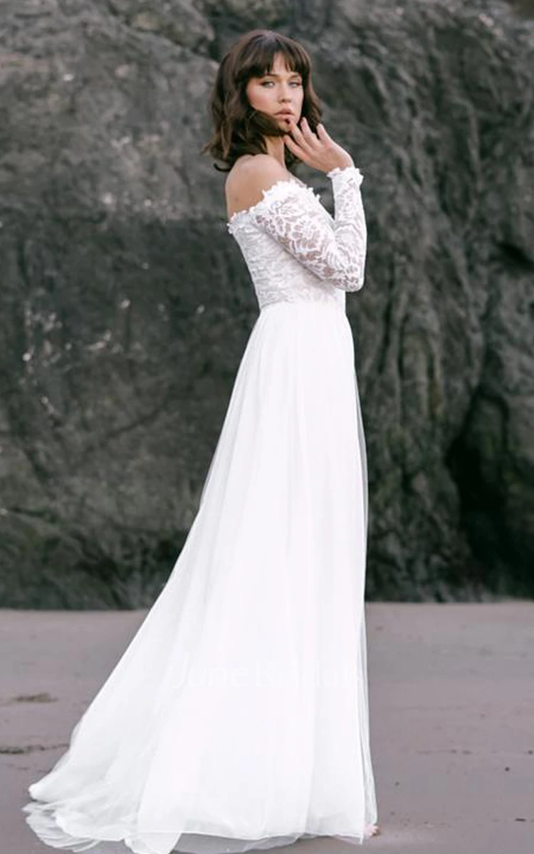 Boho Simple Lace Tulle Off-the-shoulder A Line Long Sleeve Wedding Dress