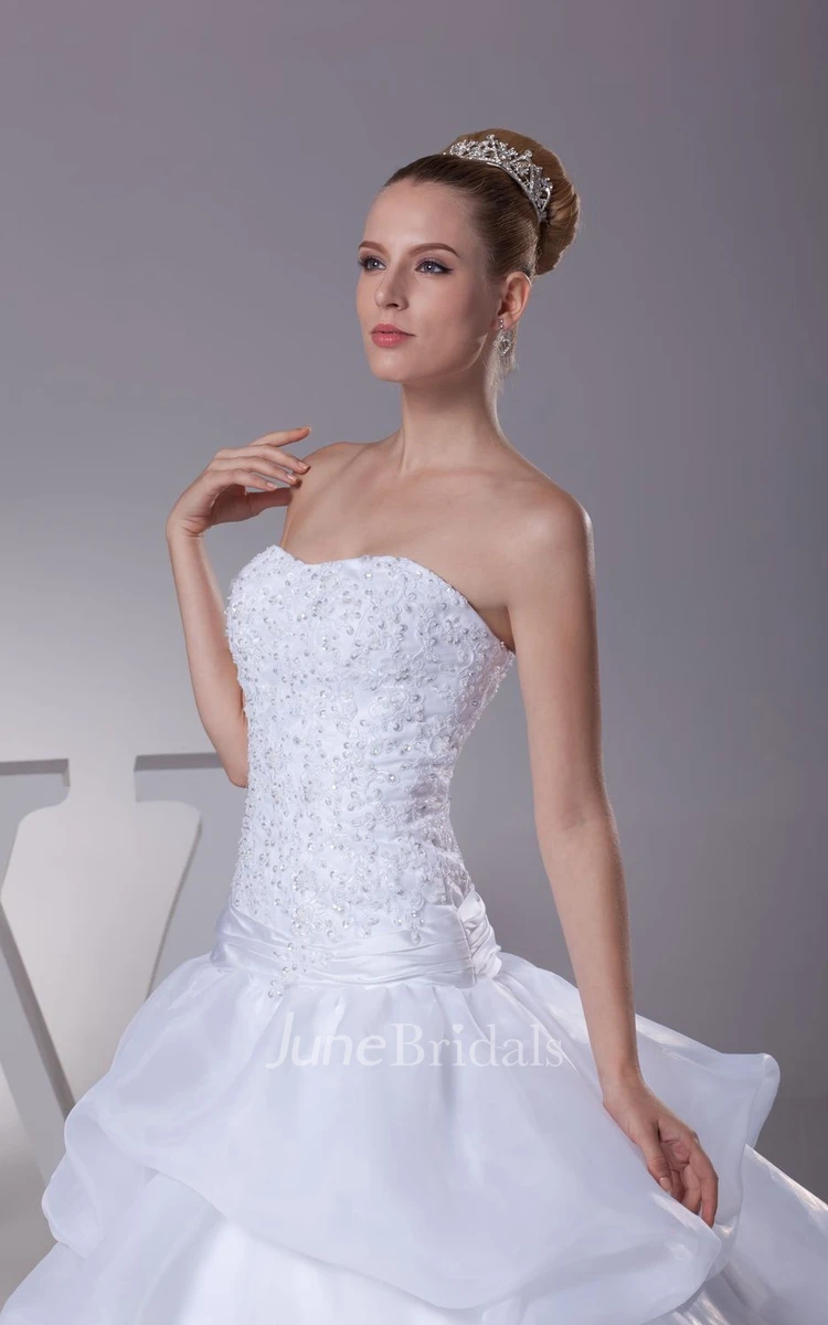 Strapless Appliqued A-Line Ball Gown With Pick-Up Design