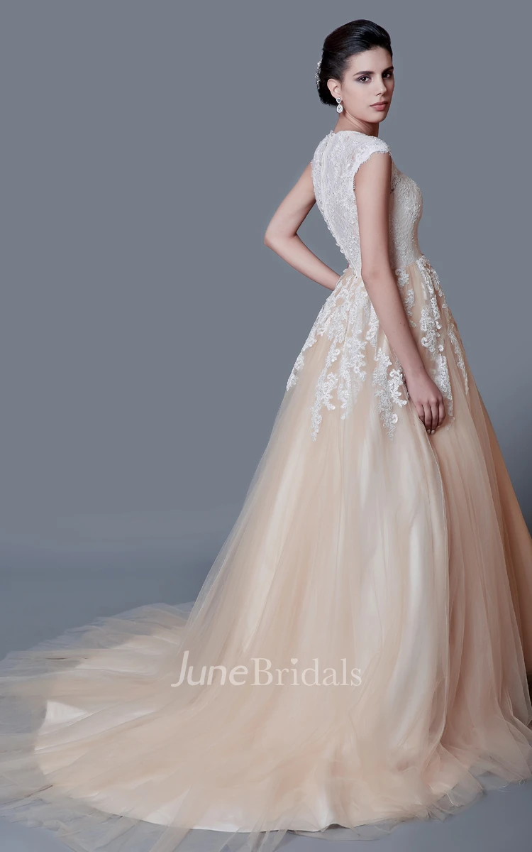 Modest A-line Lace Long Wedding Dress with Cap Sleeves