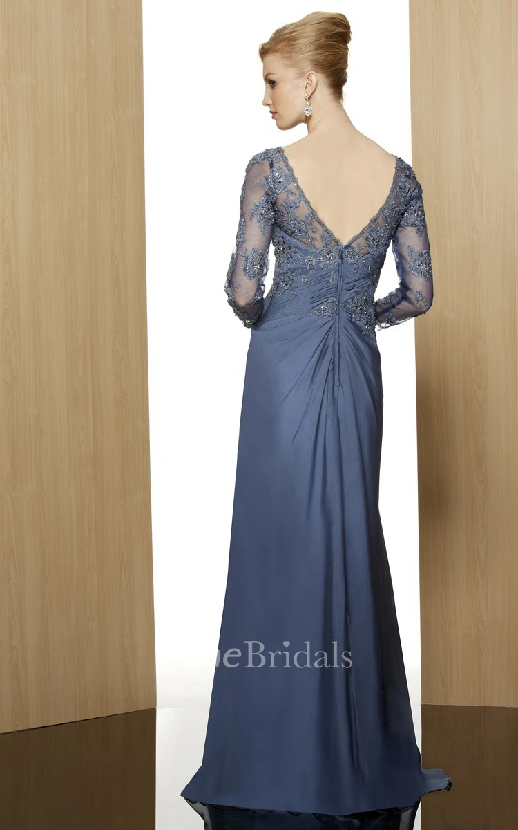 Sheath V-Neck Floor-Length 3-4-Sleeve Appliqued Satin Formal Dress With Beading