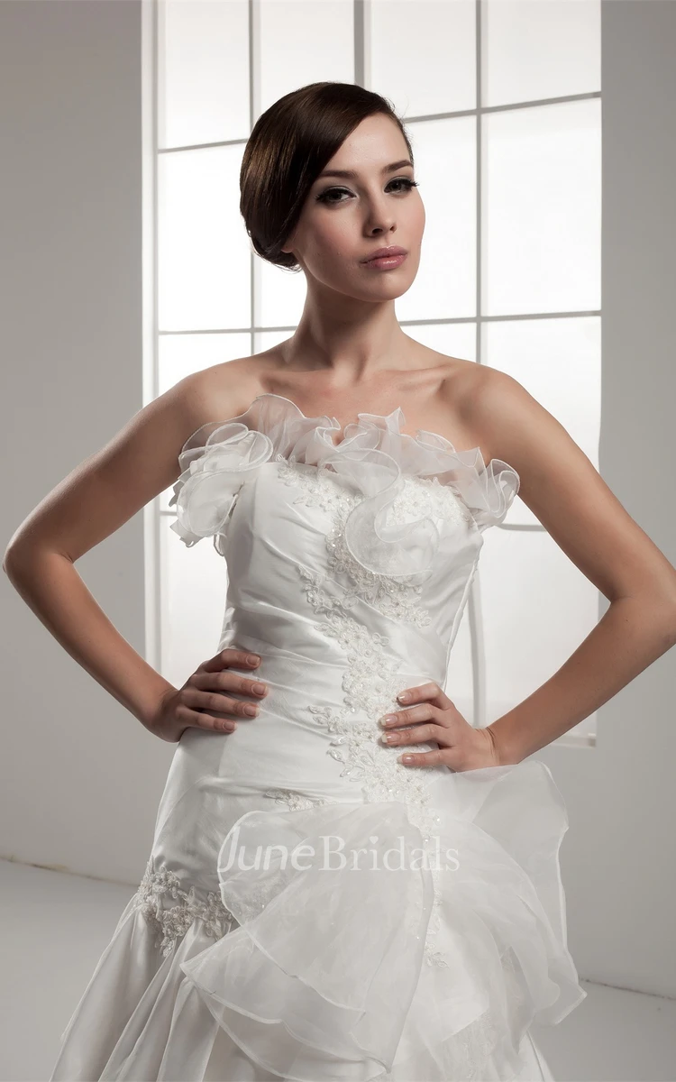 Strapless Ruched A-Line Dress with Lace and Cascading Ruffles