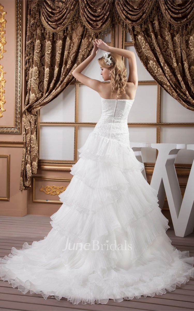 Strapless Ruffled A-Line Gown with Pleats and Appliqued Bodice
