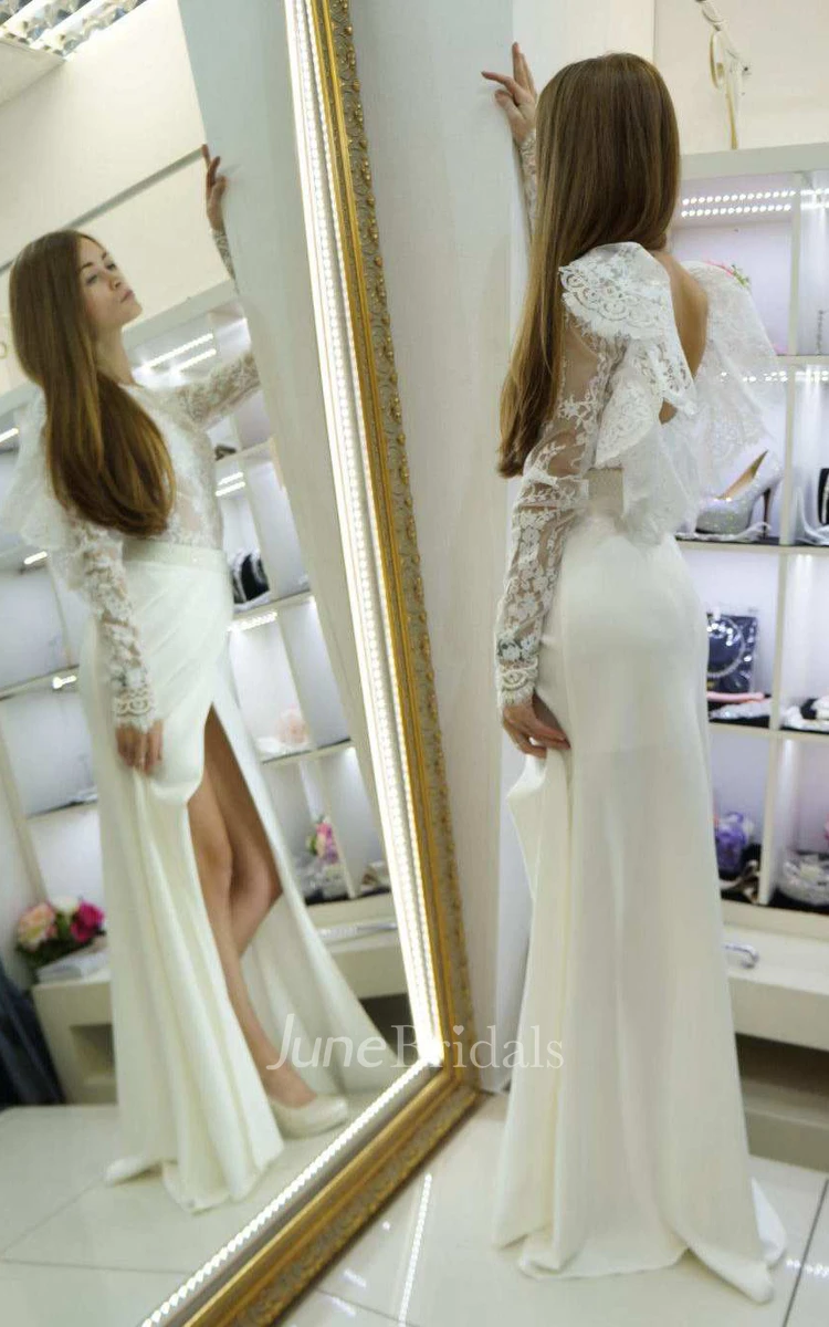 Scoop-Neck Illusion Lace Long Sleeve Split Front Wedding Dress With Beading And Draping