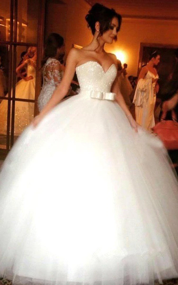 Ball Gown Bow knot Sweetheart Tulle Sleeveless Floor-length Zipper Back Wedding Dresses
