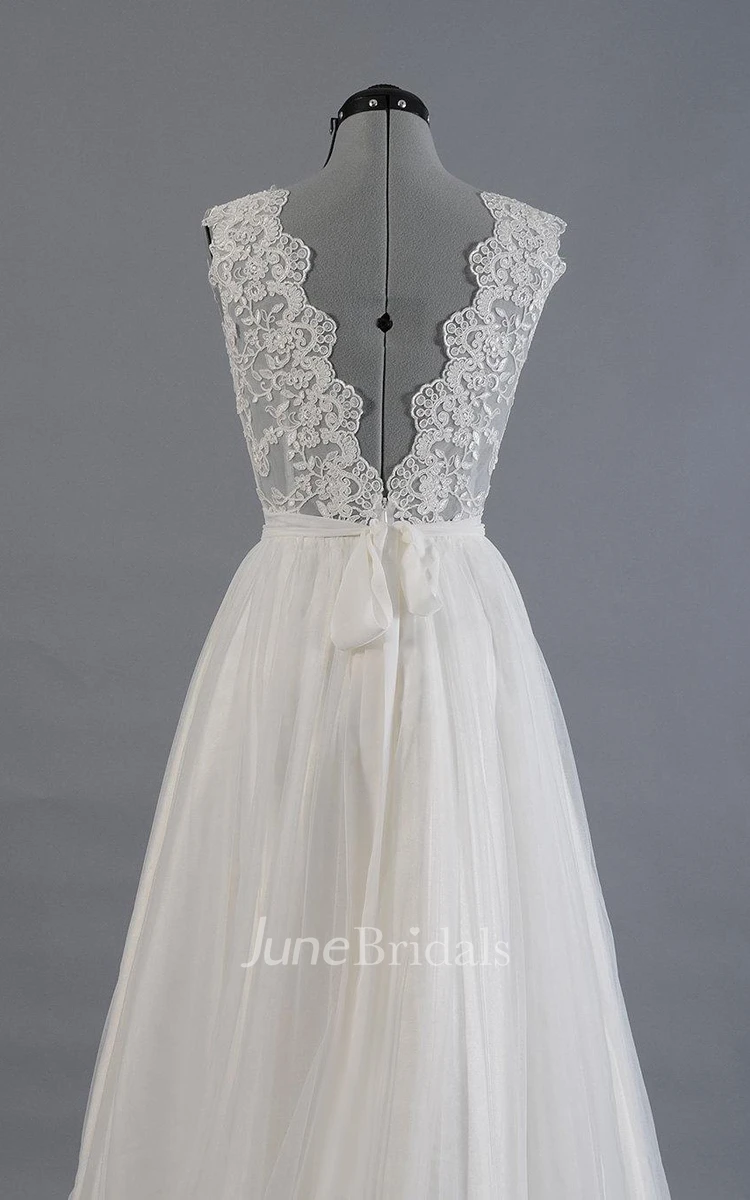 V-Neck Sleeveless Long A-Line Dress With Alencon Lace With Tulle Skirt.