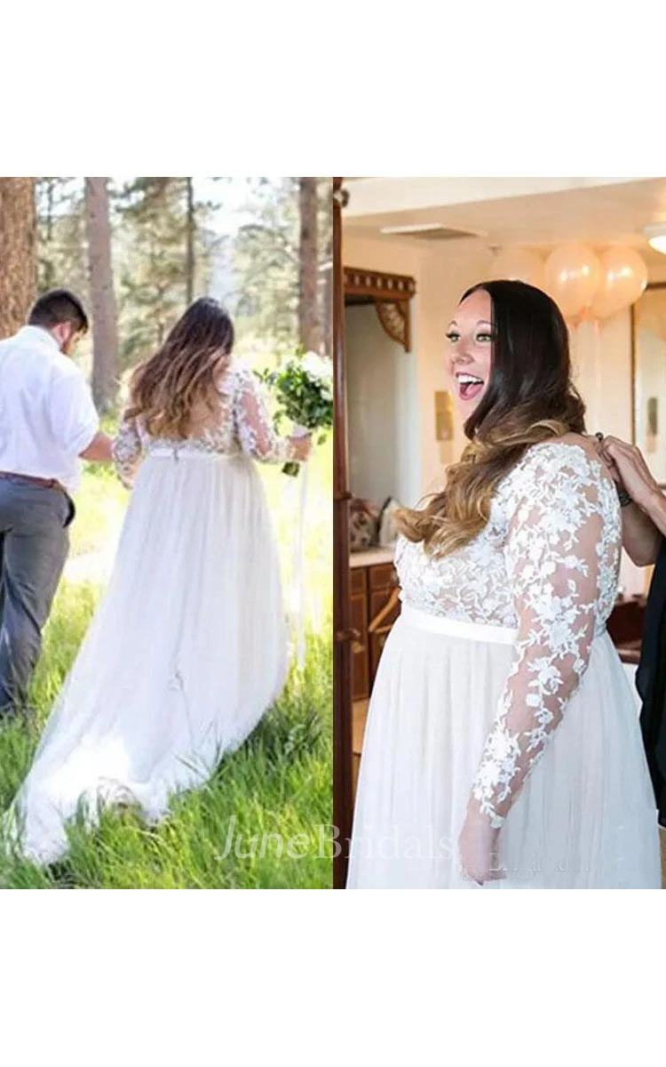 Plus Size Lace Long Sleeve Sexy Sheer V Neck Illusion Back Tulle Bridal Gown
