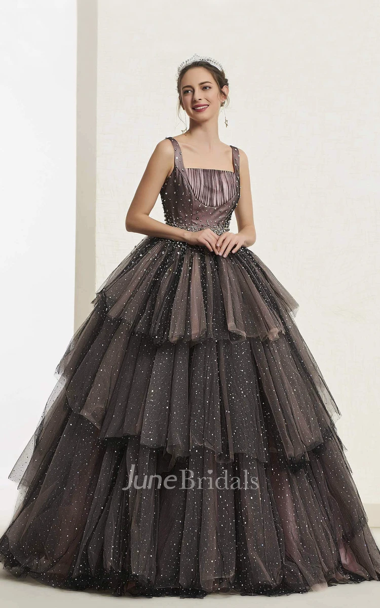 Luxury Vintage Beaded Sleeveless Square Neckline Ballgown With Lace-up And Ruffled Tiers