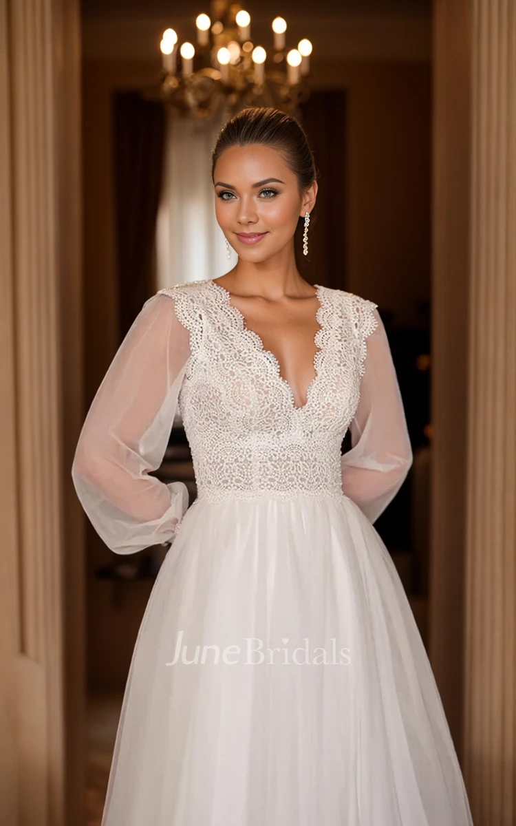 Bohemian Vintage Fancy Lace A-Line Long Sleeve Spring Wedding Dress Elegant Sexy Scalloped Neckline Low-V Back Bridal Gown with Court Train