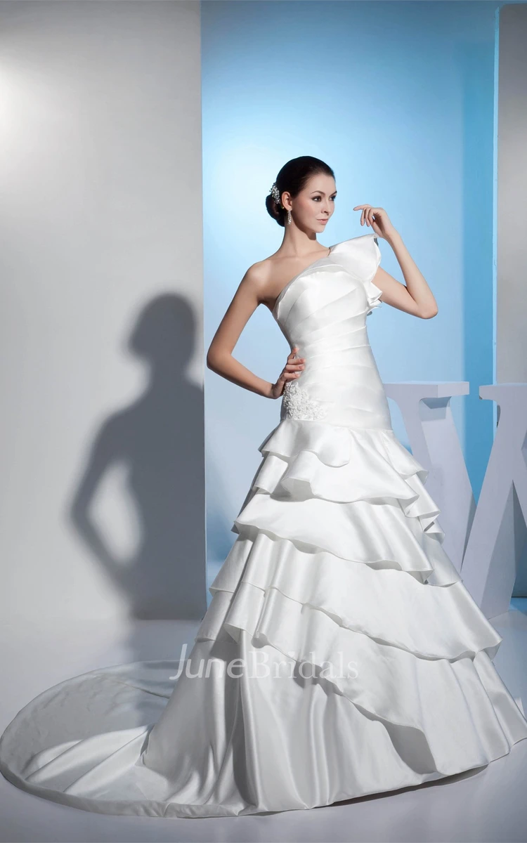 One-Shoulder Ruched A-Line Gown with Tiers and Appliques