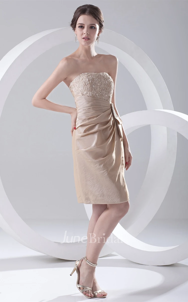 strapless mini fitted dress with side draping and appliques