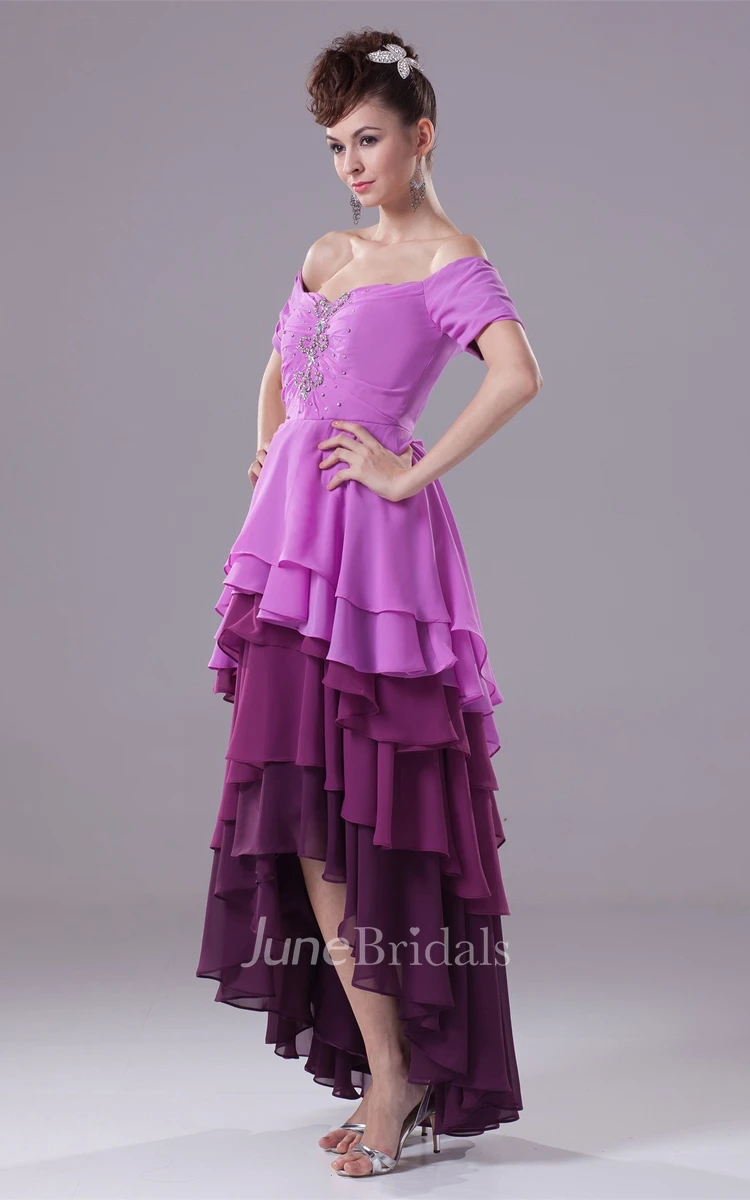 Asymmetrical Off The Shoulder Strapless Gown with Tiered Ruffle and Beadings