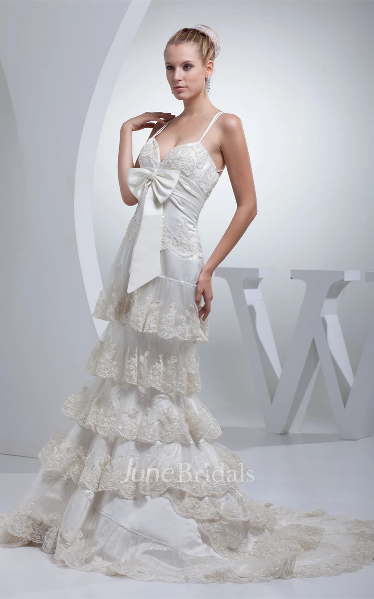 Spaghetti-Strap Tiered Gown with Appliques and Bowknot