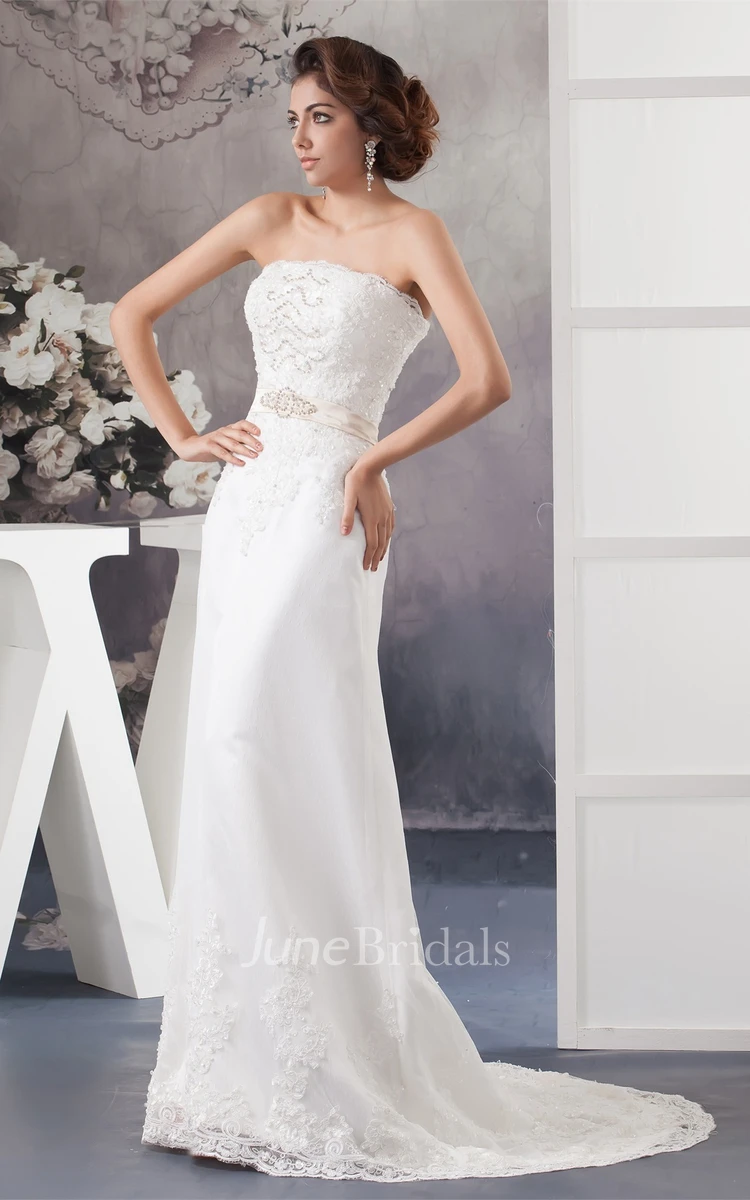 Strapless A-Line Beaded Dress with Lace and Brush Train