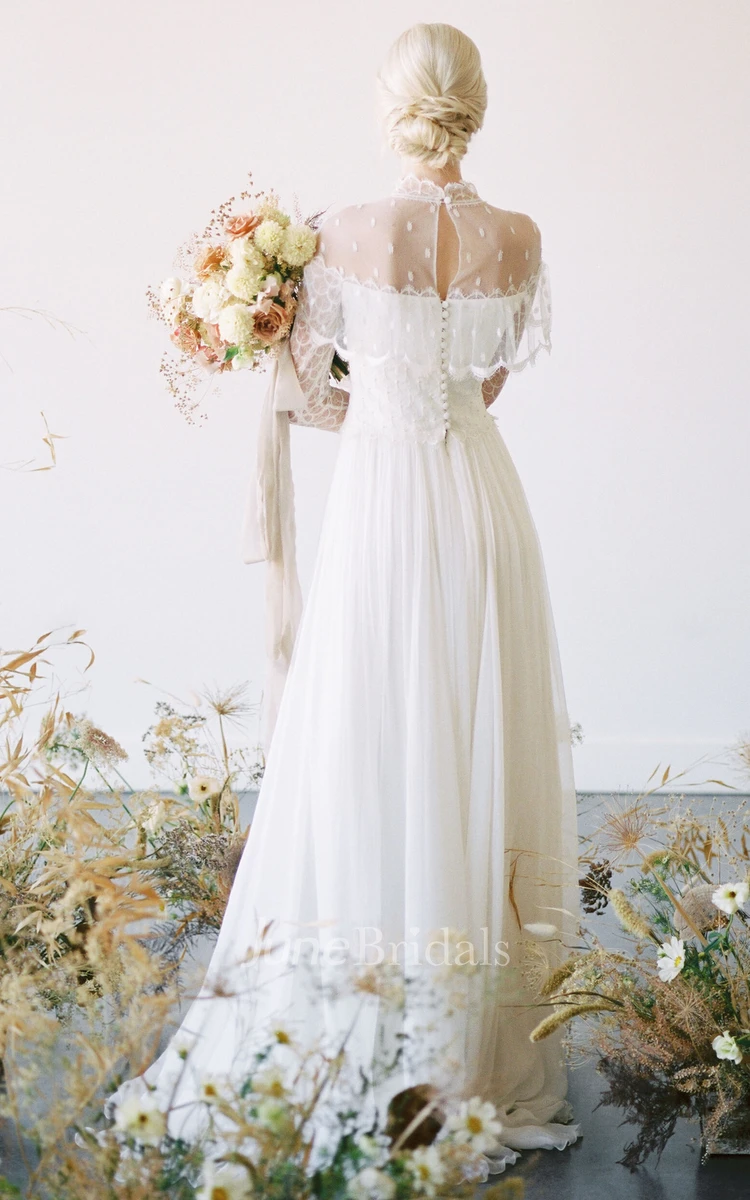 Modest Long Sleeved A-Line High Neck Floor-length Tulle Wedding Dress