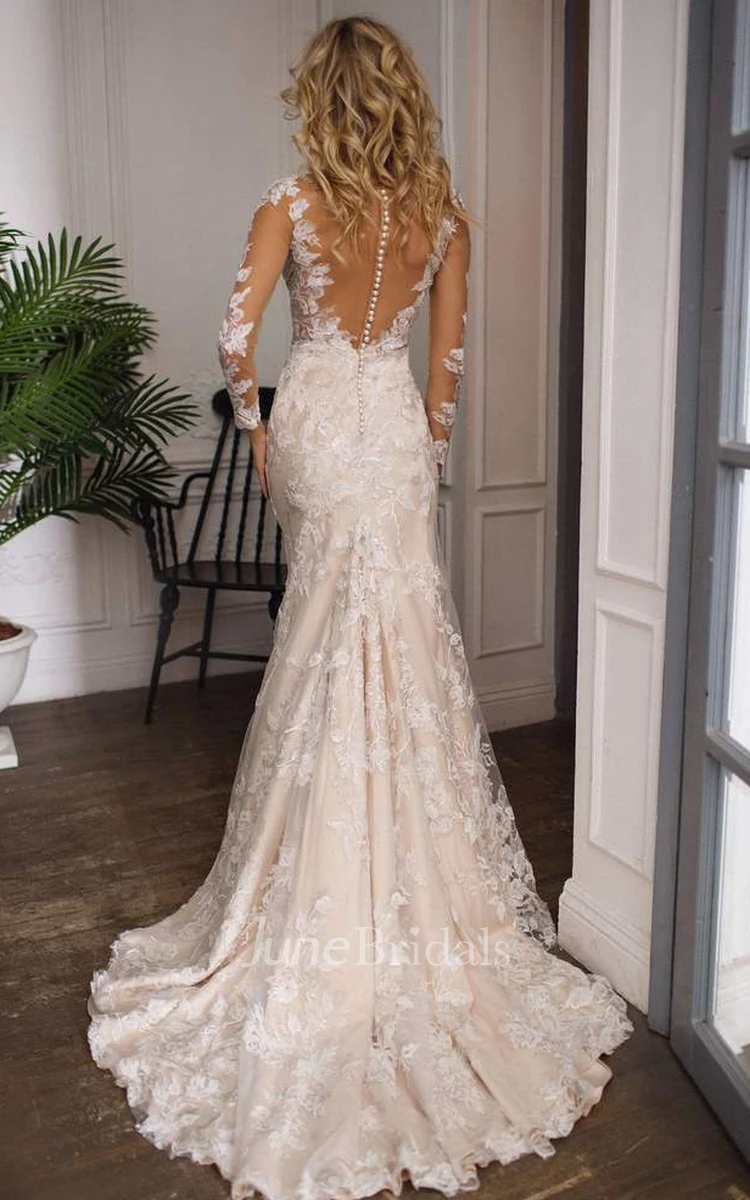 Sexy Illusion Lace A-Line Princess Wedding DressLuxury Appliques Button  Court Train Bride Gown