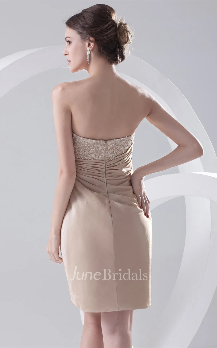 strapless mini fitted dress with side draping and appliques