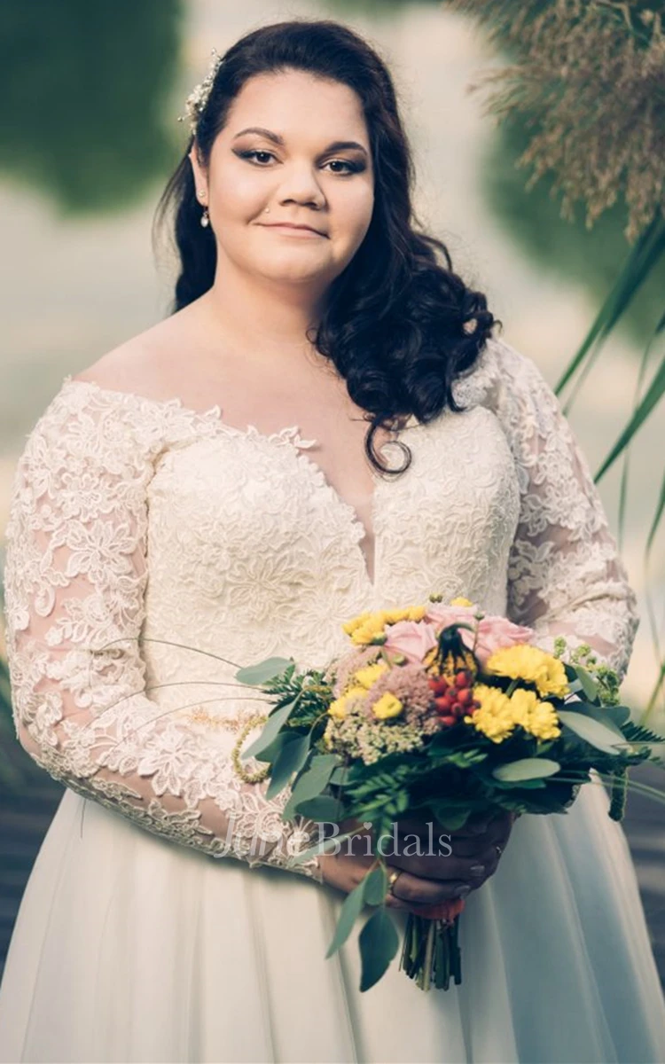 Charming Plus Size A Line V-neck Floor-length Tulle Wedding Dress