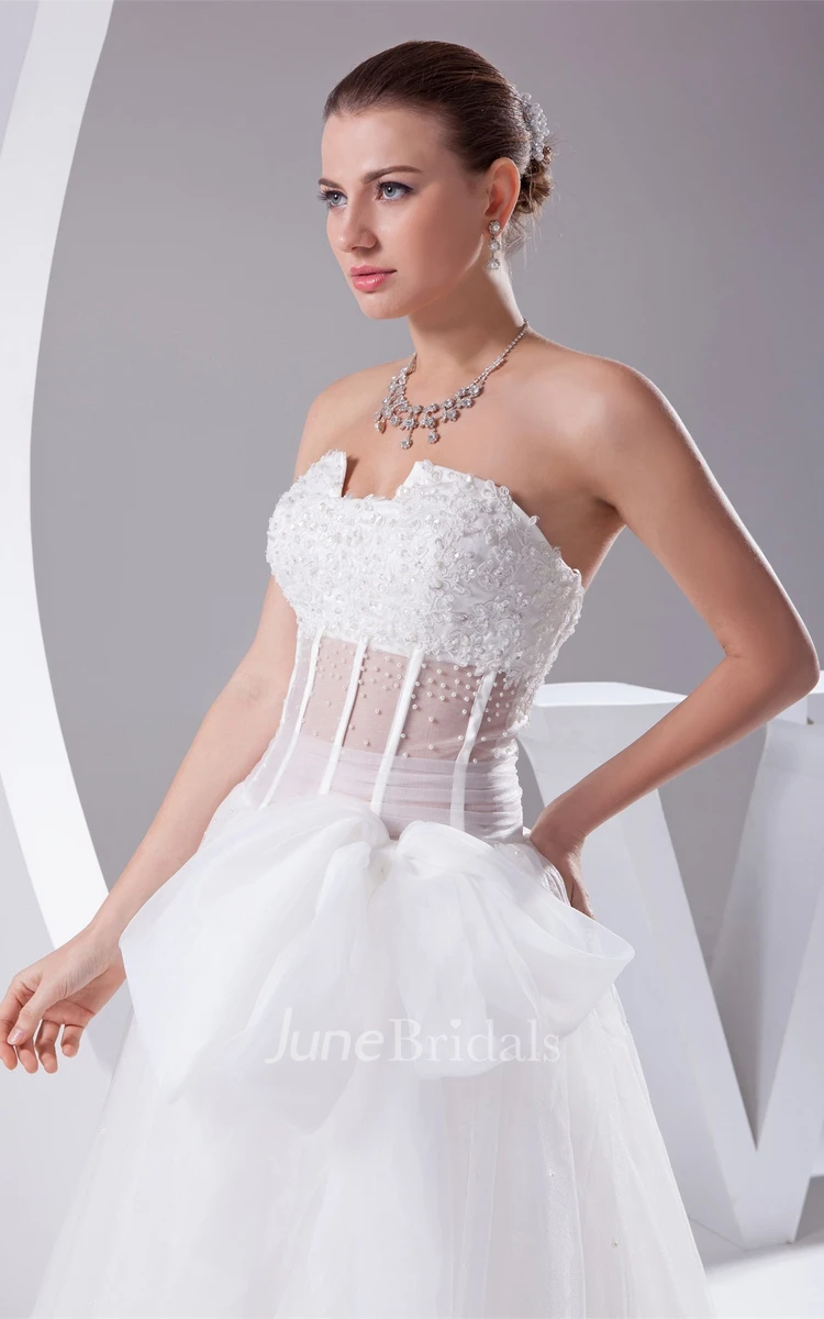 Notched Strapless Tulle A-Line Dress with Bow and Illusion Waist