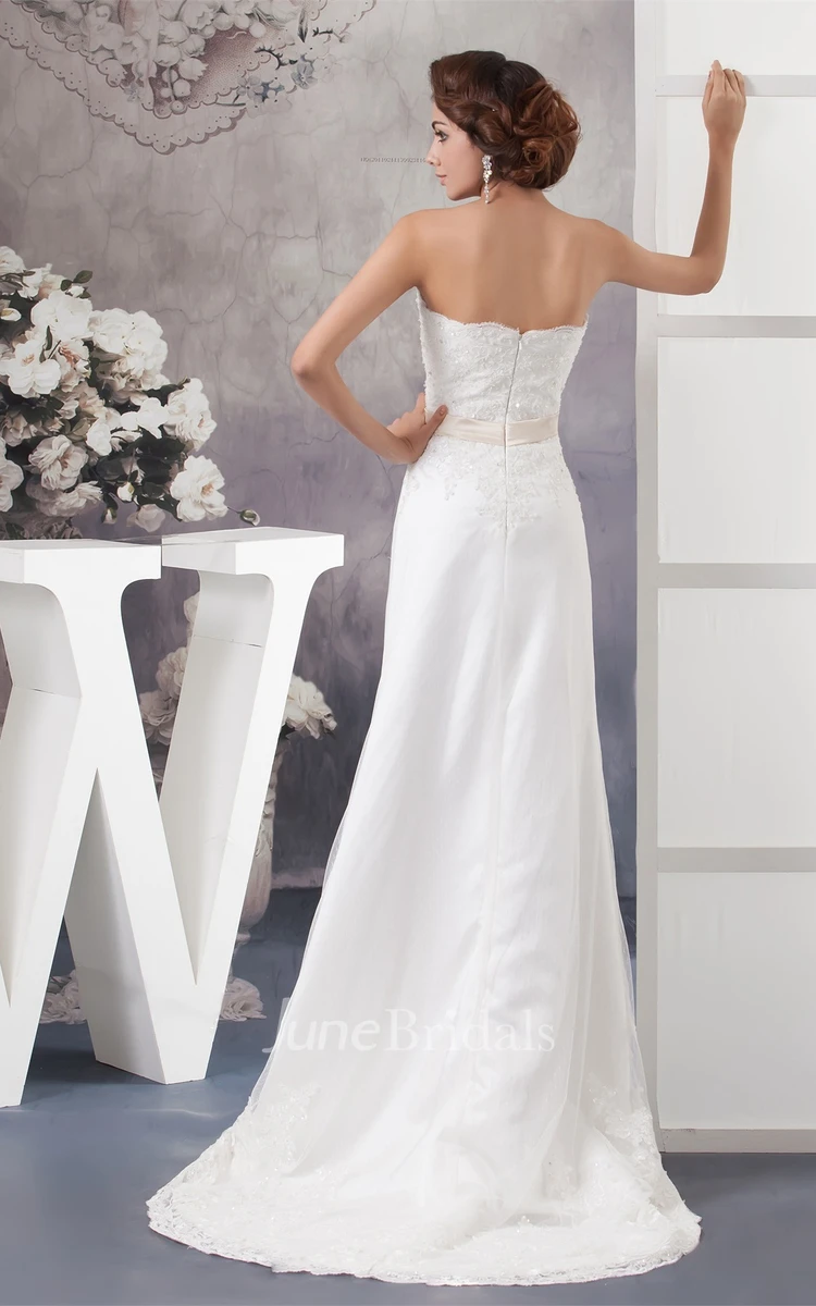 Strapless A-Line Beaded Dress with Lace and Brush Train