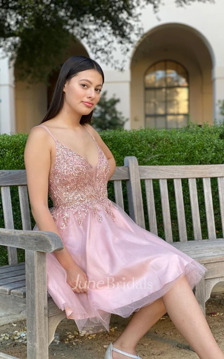 Sexy A Line Sleeveless Tulle Plunging Neckline Short Homecoming Dress with Appliques