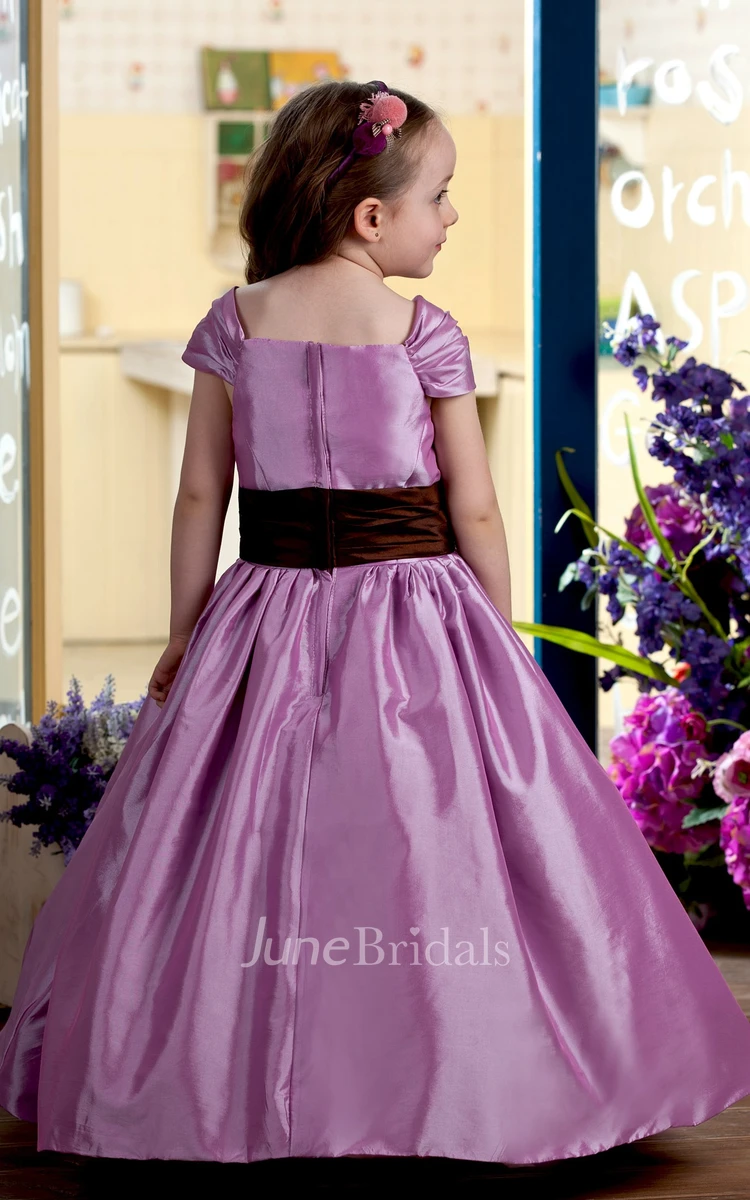 Caped-Sleeve Satin Flower Girl Dress With Flower and Ruched Waist