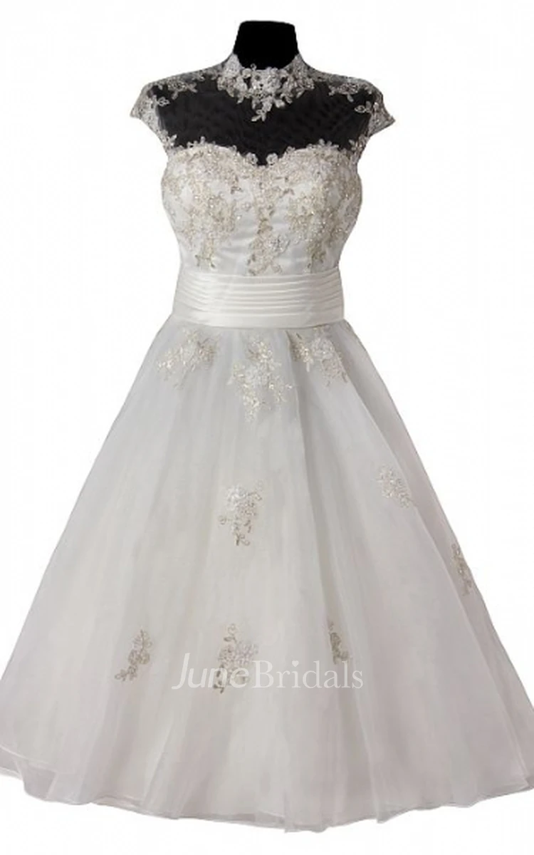 A-Line High Neck Cap-Sleeve Tea-Length Tulle Wedding Dress With Appliques And Illusion
