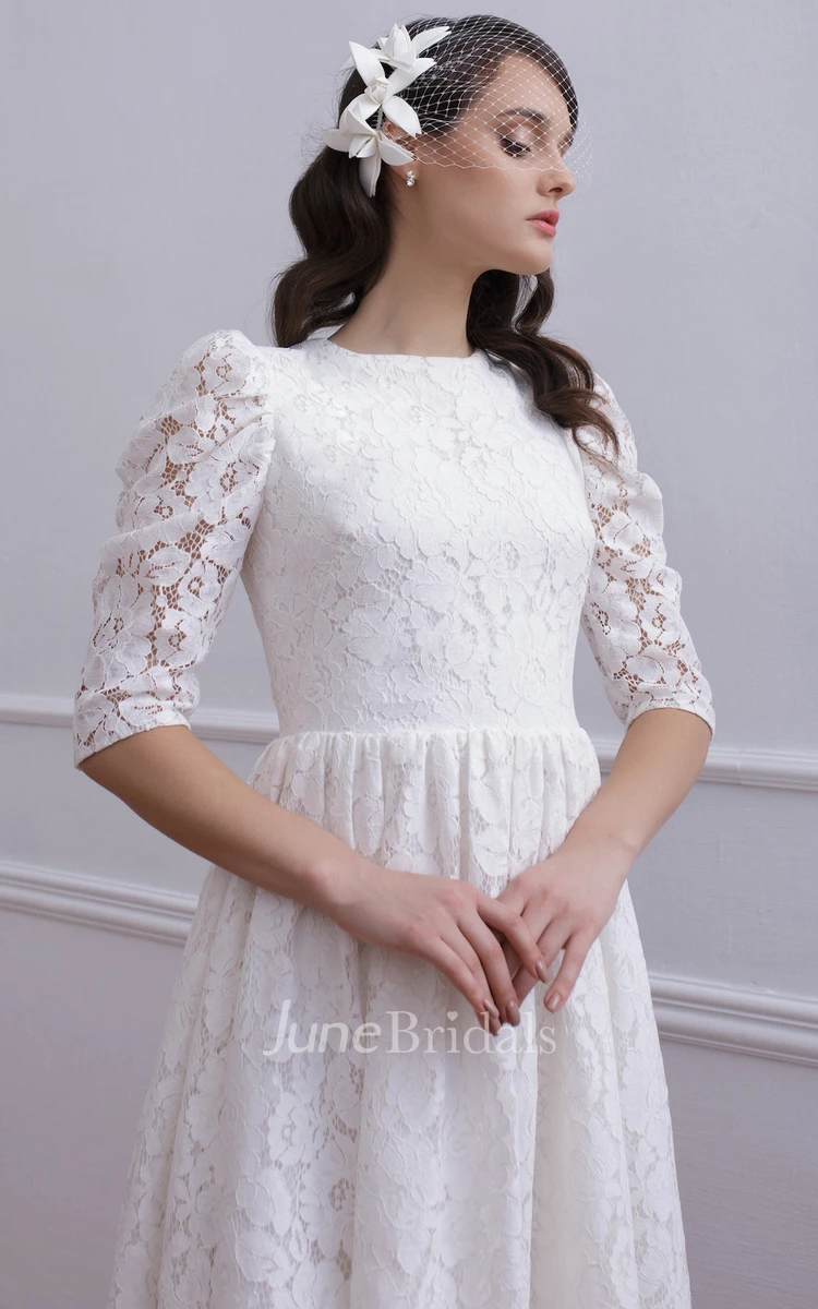 Vintage Half Sleeve Tea-length Lace A Line Wedding Dress with Ruching