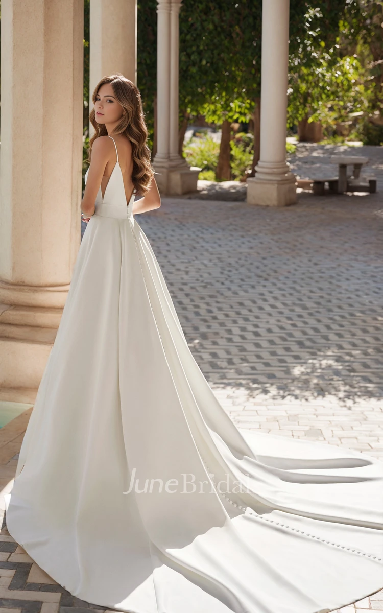 Simple Elegant A-Line Floor-length Spaghetti Satin Wedding Dress Solid Sexy Sleeveless Plunging Neckline Draping Court Bridal Gown with Pockets Button Back