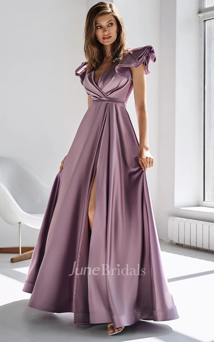Vintage Satin V-neck A Line Floor-length Prom Dress with Ruching and Split Front