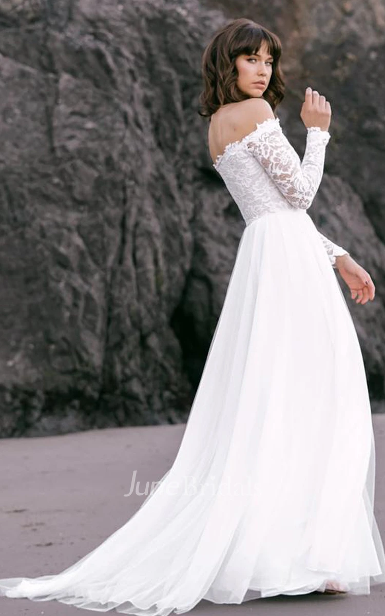 Boho Simple Lace Tulle Off-the-shoulder A Line Long Sleeve Wedding Dress