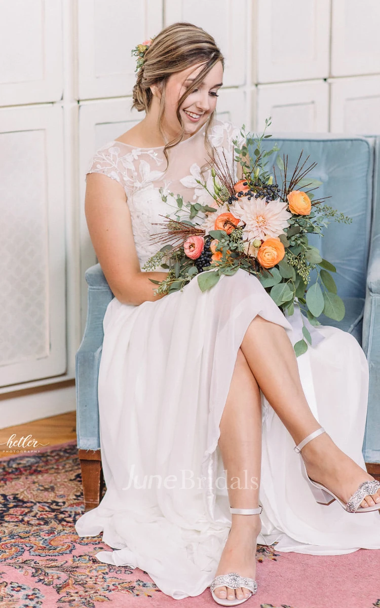 Elegant A-Line Bateau Chiffon Lace Wedding Dress With Short Sleeve And Appliques