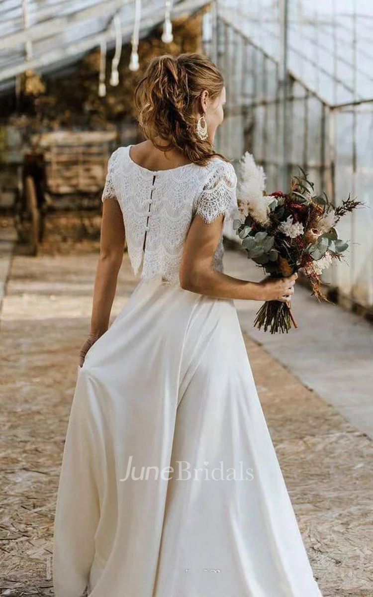 Vintage Boho Two-Piece Wedding Dress Bateau Satin and Lace Short Sleeve Bridal Dress with Pleats and Sweep Train