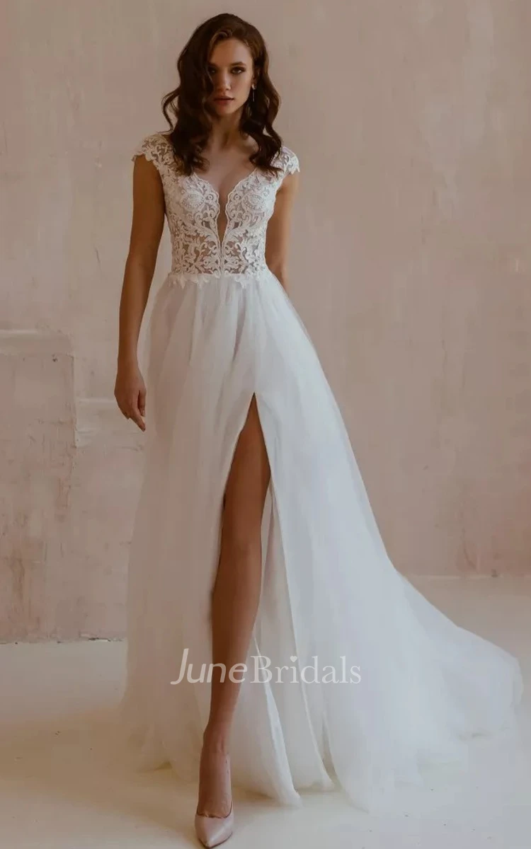 Sexy Deep V Lace Appliques Wedding Dresses Hot Slit Tulle Bridal