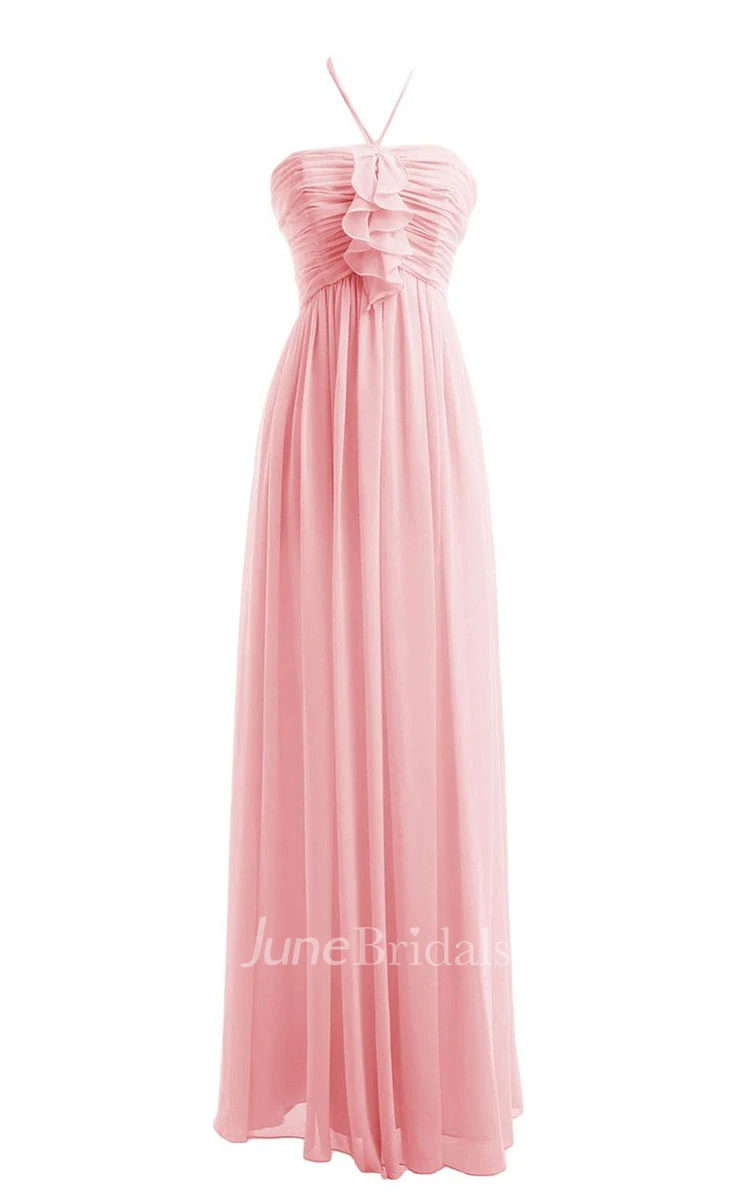 Halter Ruched Chiffon A-line Gown With Zipper Back