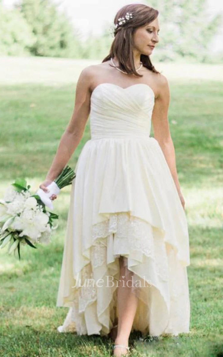 A Line Strapless High Low Lace Chiffon Backless Tiered Wedding Gown
