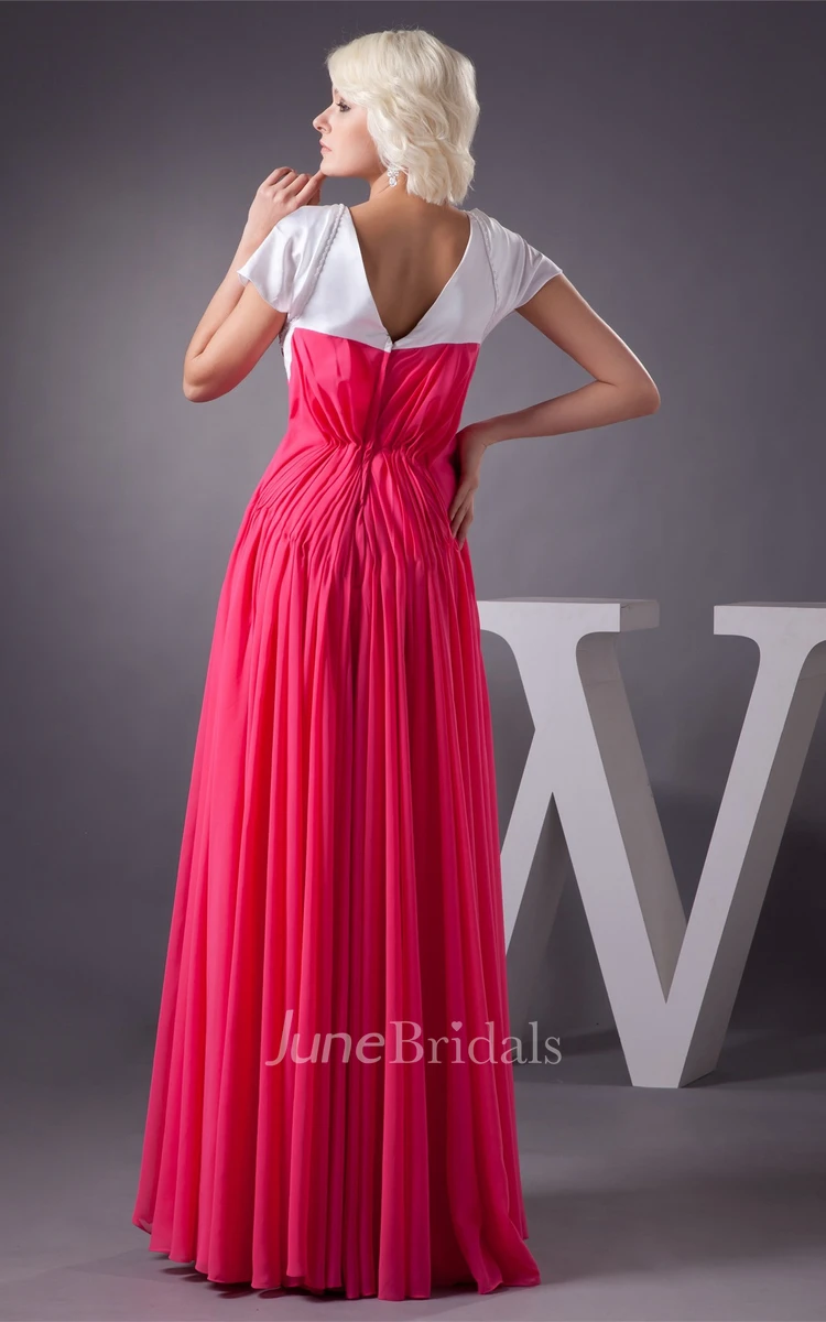 Plunged Short-Sleeve A-Line Gown with Pleats