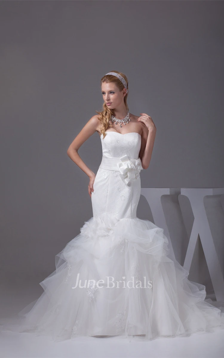 Strapless Mermaid Appliqued Dress with Bow and Tulle Overlay