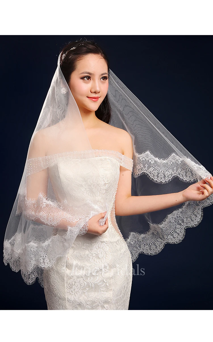 Fingertip Tulle Wedding Veil with Lace Edge