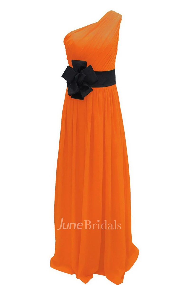 One-shoulder Pleated Chiffon A-line Gown With Floral Band