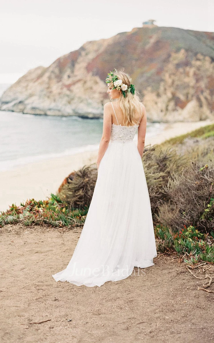 Boho Flowy Soft Transparent Tulle Wedding Dress With Lace Bodice