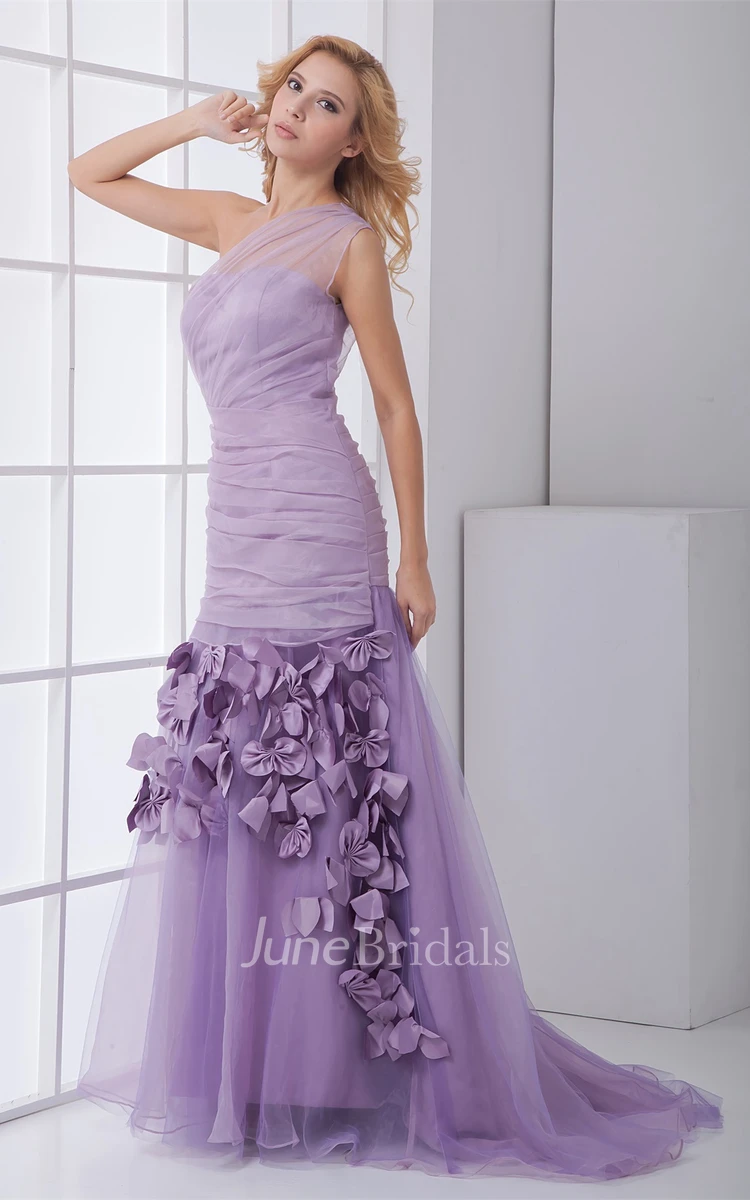 One-Shoulder Tulle Column Dress with Ruching and Flower