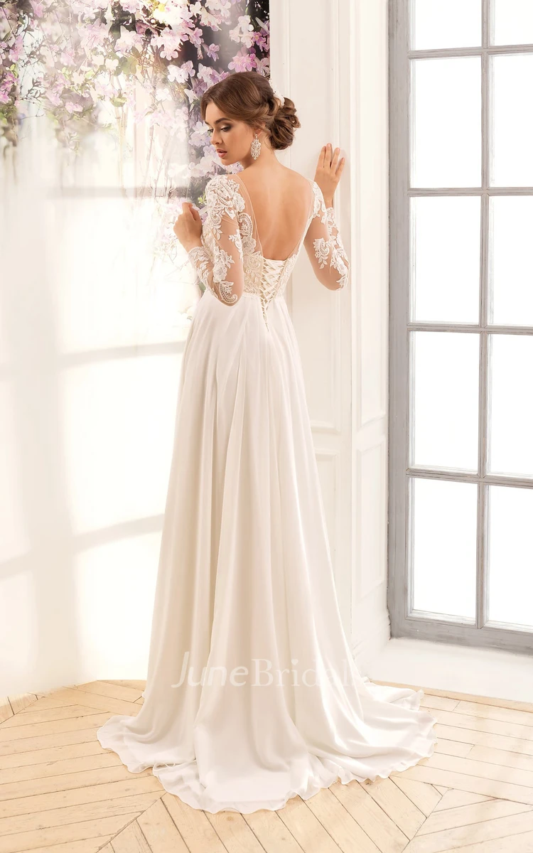 A-Line Maxi Scoop Long-Sleeve Low-V-Back Lace Dress With Appliques And Pleats