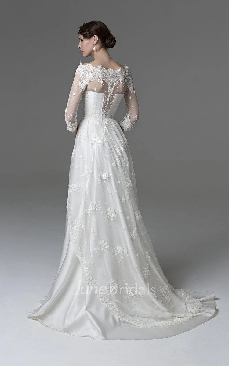 Unique Lace Overlaying Satin Wedding Dress With Bateau Neck