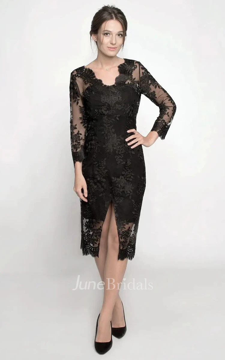 Elegant Pencil Lace Knee-length 3/4 Length Sleeve Guest Dress with Split Front