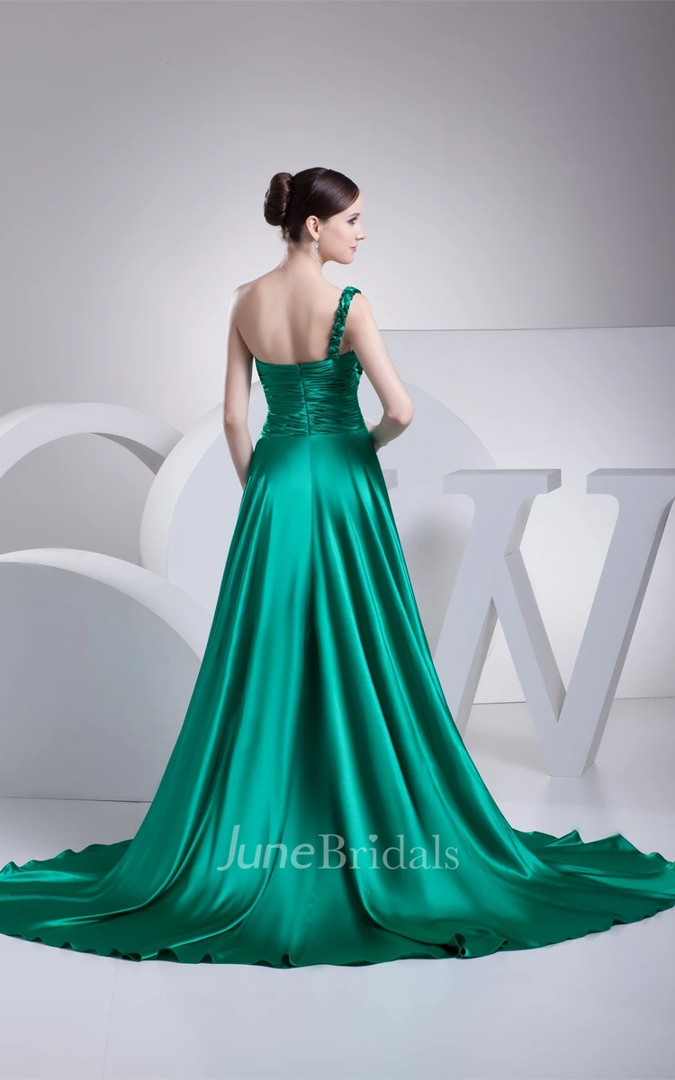 Sleeveless Ruffled A-Line Gown with Pleats and Sweep Train