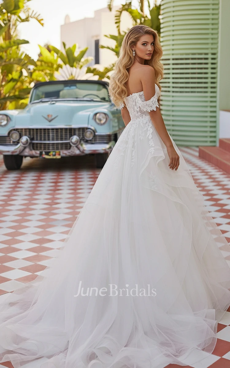 A-Line Off Shoulder Lace Wedding Dress Elegant Plunge Neck Tulle Bridal Gown with Court Train