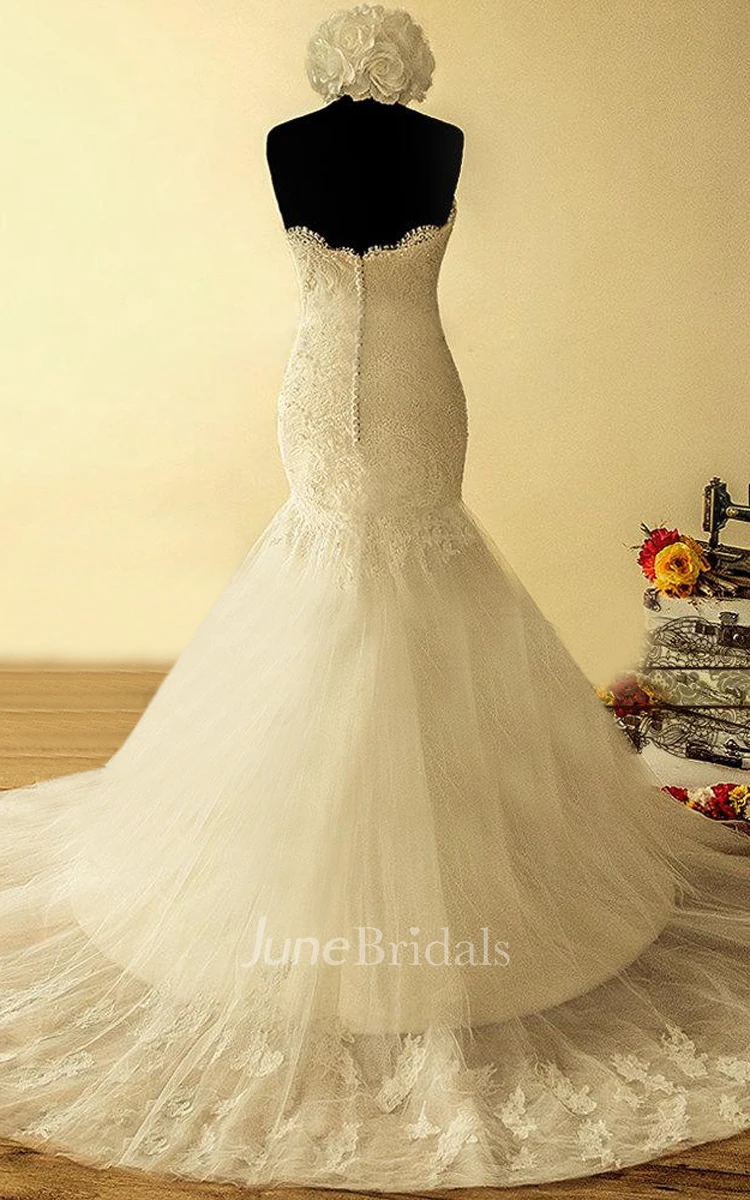 Mermaid Strapped Tulle Lace Satin Dress With Beading Appliques