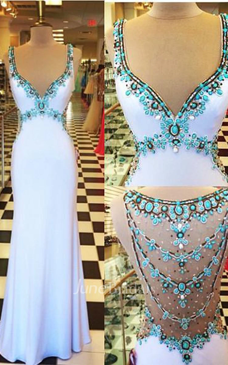 Glamorous Beadings Crystal V-Neck Evening Dress Sleeveless Long Party Gowns