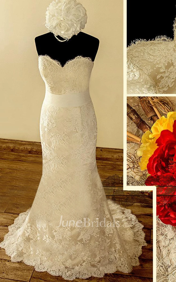 Sweetheart Button Back Sheath Lace Wedding Dress With Sash And Flower